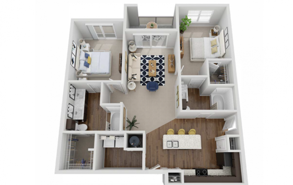 B1B - 2 bedroom floorplan layout with 2 baths and 1270 square feet.