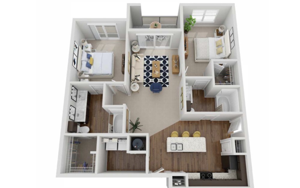 B1B - 2 bedroom floorplan layout with 2 bathrooms and 1270 square feet