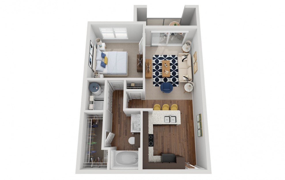 A1A - 1 bedroom floorplan layout with 1 bath and 740 square feet.