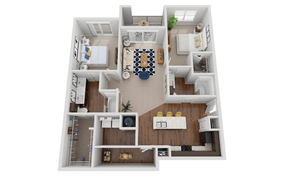 B1C - 2 bedroom floorplan layout with 2 bathrooms and 1360 square feet