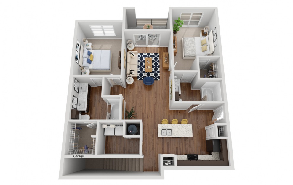 B1DG - 2 bedroom floorplan layout with 2 baths and 1360 square feet.