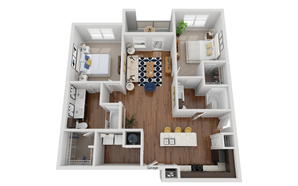 B1AG - 2 bedroom floorplan layout with 2 bathrooms and 1260 square feet