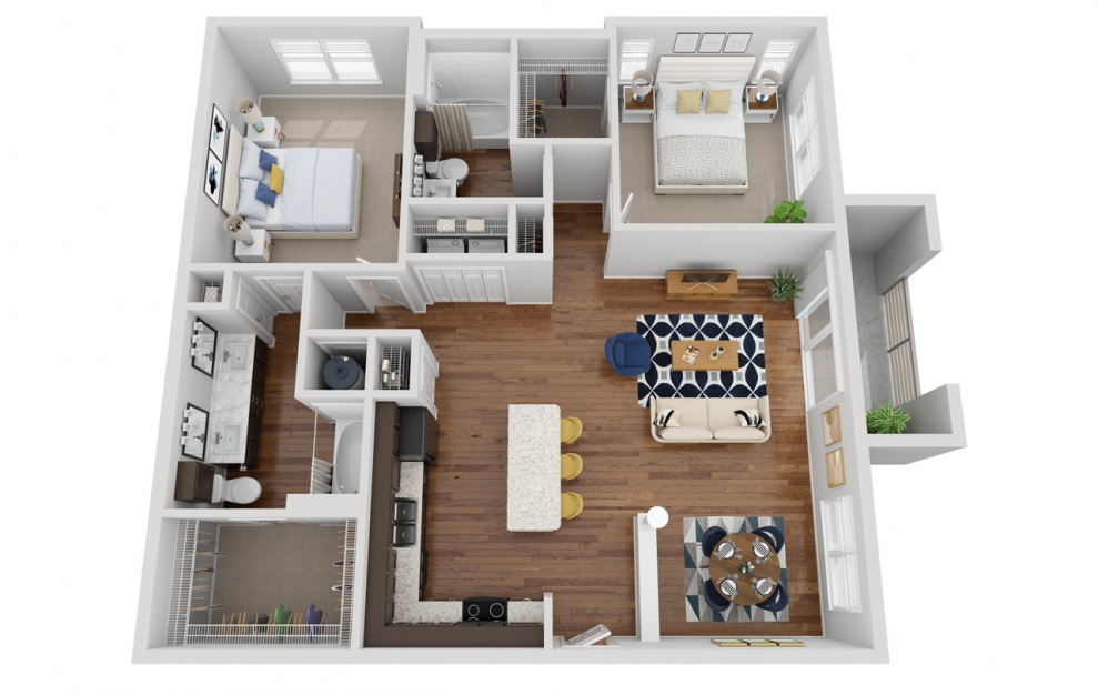 B2A - 2 bedroom floorplan layout with 2 baths and 1370 square feet.