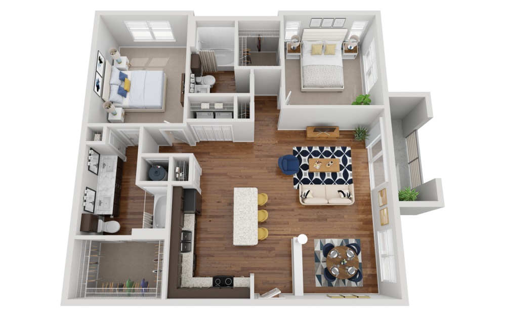 B2B - 2 bedroom floorplan layout with 2 bathrooms and 1400 square feet