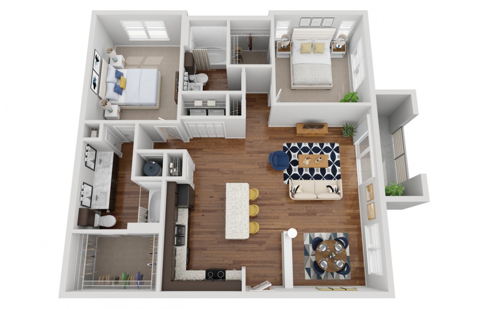 B2B - 2 bedroom floorplan layout with 2 baths and 1400 square feet.